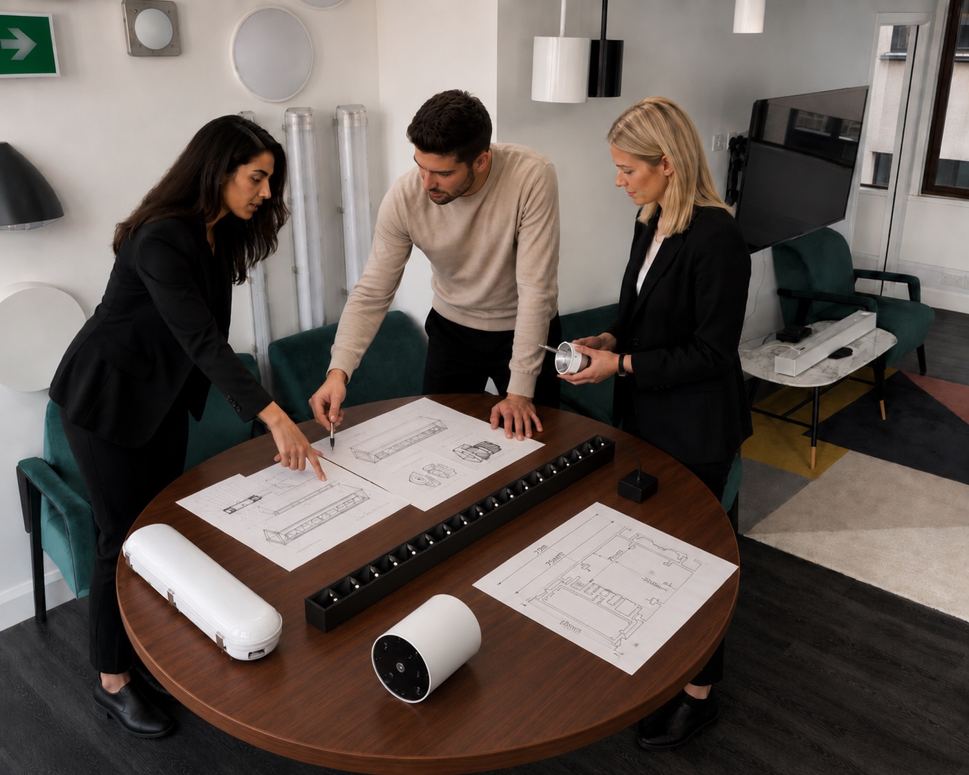The Orlight R&D team reviewing drawings and product samples